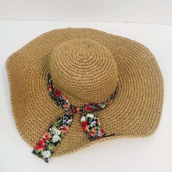 Floppy Straw Bohemian Floral Ribbon Large Sun Hat - Picture 3 of 6